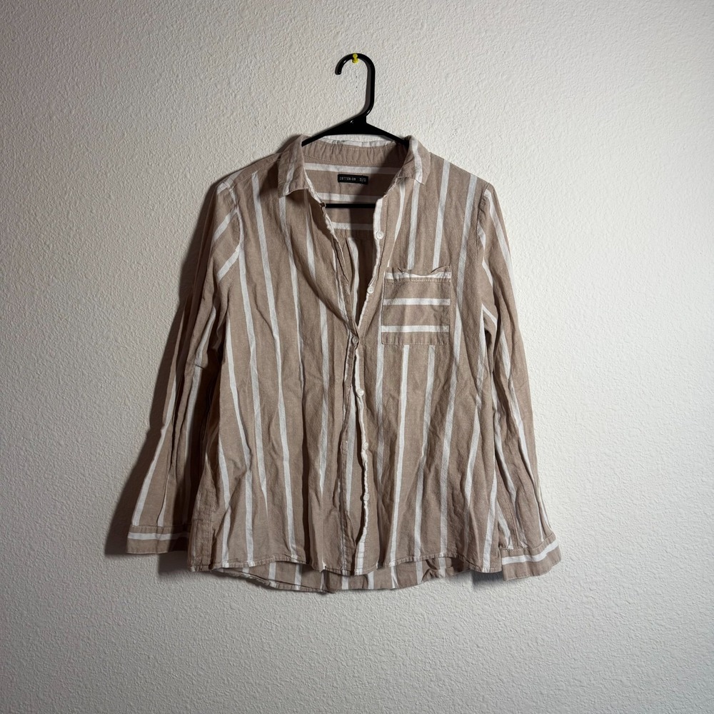 Cotton On Blouse Top Womens XL Tan White Striped Pleated Button Up Casual Shirt